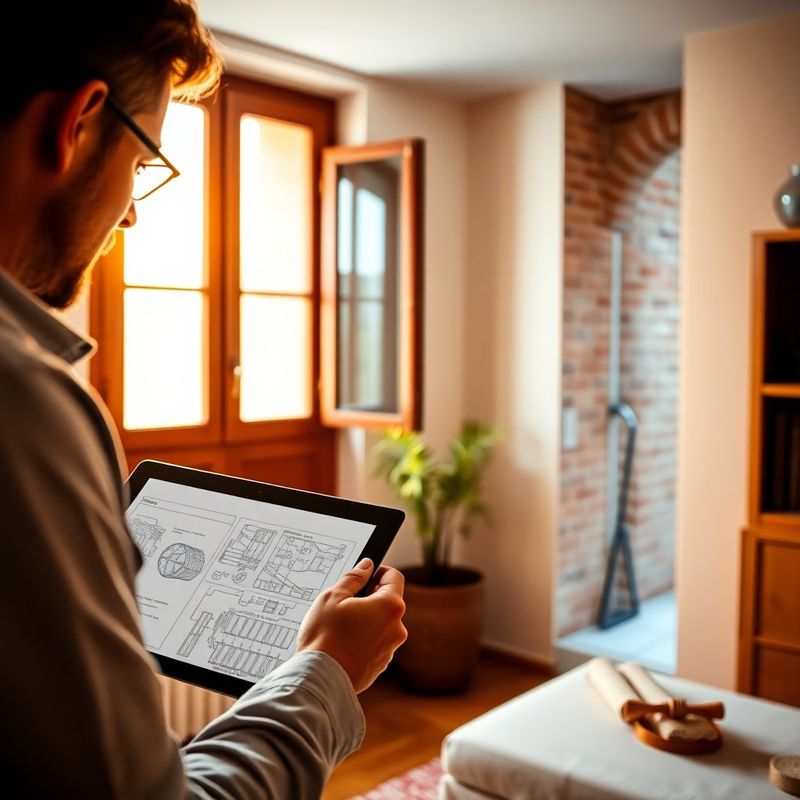 Tecnico che consulta un progetto di installazione su tablet in un'abitazione italiana